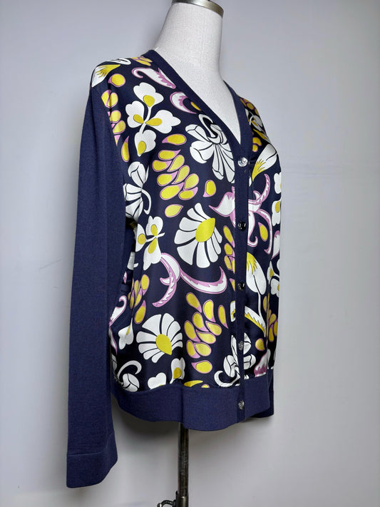 Women Size XL Tory Burch Navy,yellow,white & purple Floral Abstract Cardigan