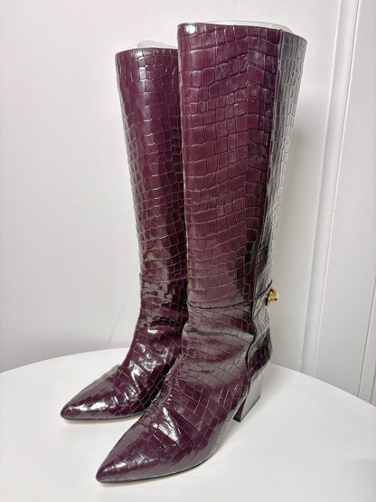 Tall Boots TIBI Croc Embosssed Burgundy Sz 10.5 Gold-tone Hardware