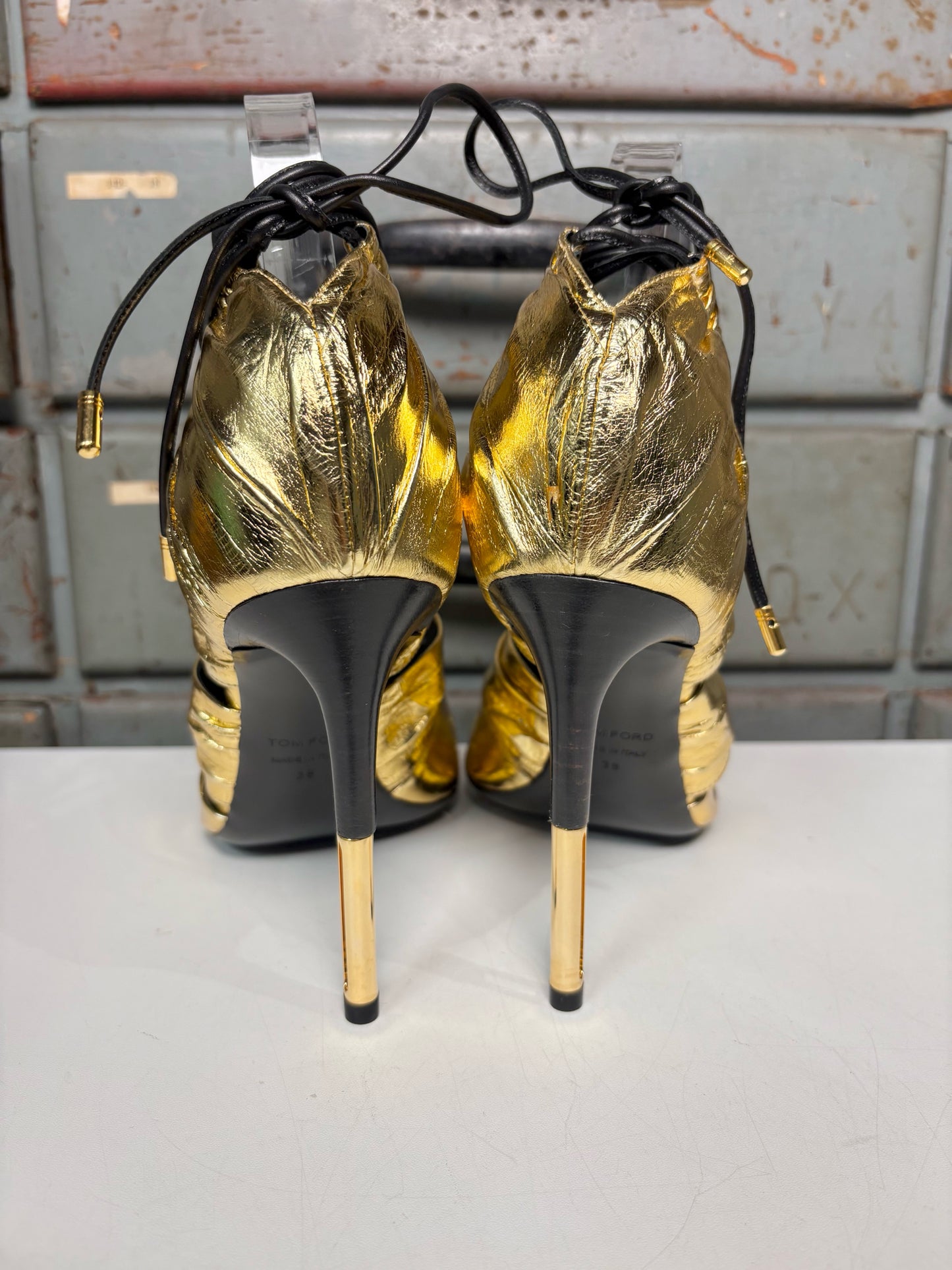 W Shoe Size 38 (7.5 - 8) Tom Ford Metallic Gold Leather Cage Stiletto Heels