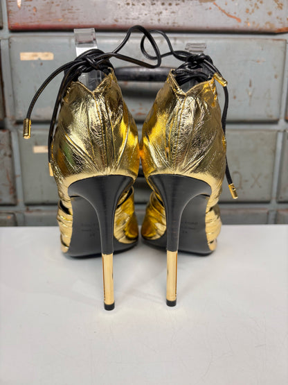 W Shoe Size 38 (7.5 - 8) Tom Ford Metallic Gold Leather Cage Stiletto Heels