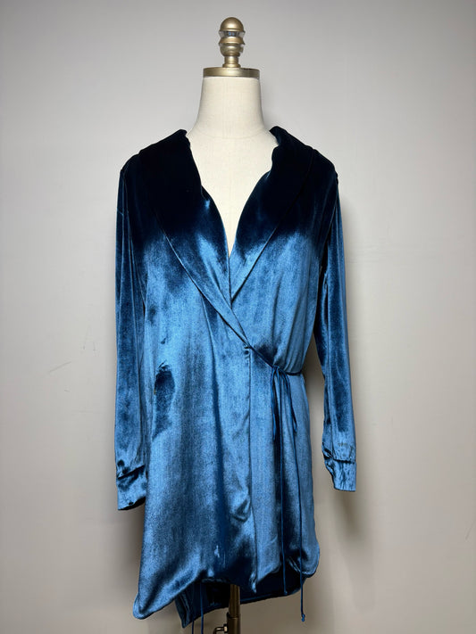 Women Size 2 Michelle Mason Blue Velvet Silk Blend Pre-Owned Long Cardigan
