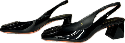 Santoni Black Leather Patent Slingback Heels, Sz 8.5