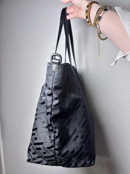 Versace Jacquard, Monogram Nylon Pre-owned Black Leather + Pouch Crossbody Tote