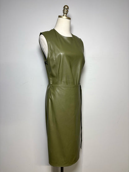 Women Size 10 Deveaux New York Olive Green Faux Leather Pre-Owned Midi Dress