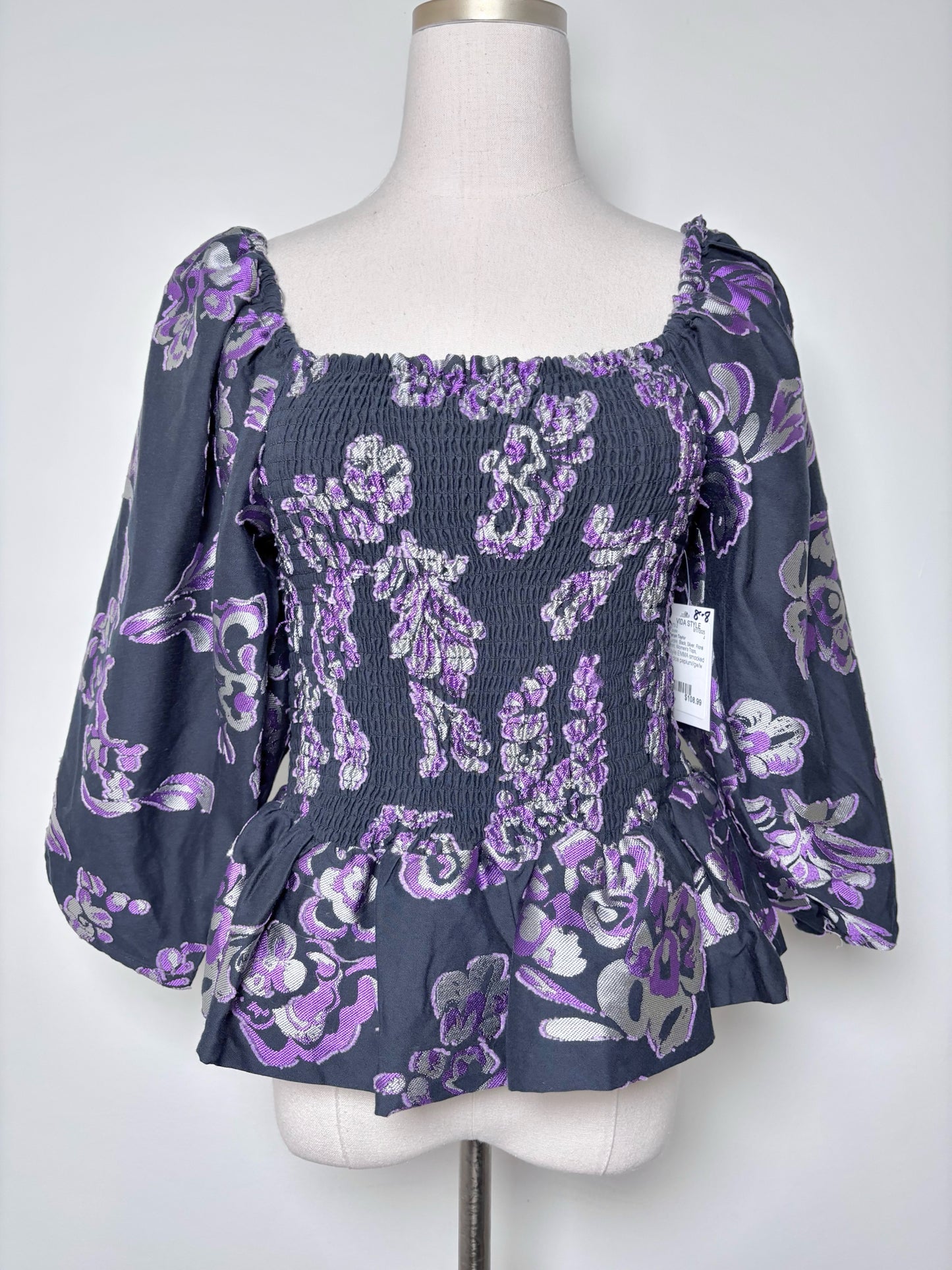 Women Size M Tanya Taylor Purple, Black, Silver Floral Print Emma NWT Blouse