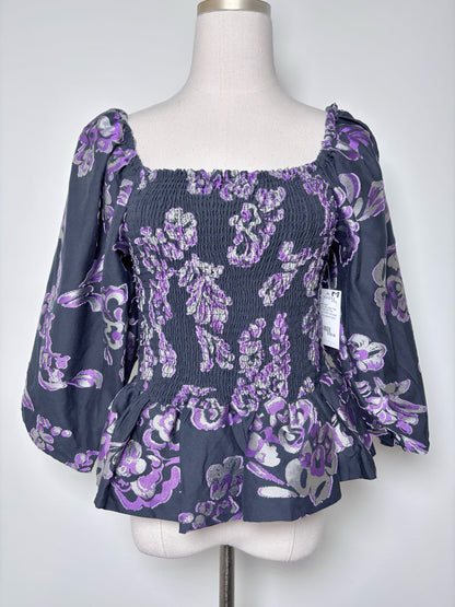 Women Size M Tanya Taylor Purple, Black, Silver Floral Print Emma NWT Blouse