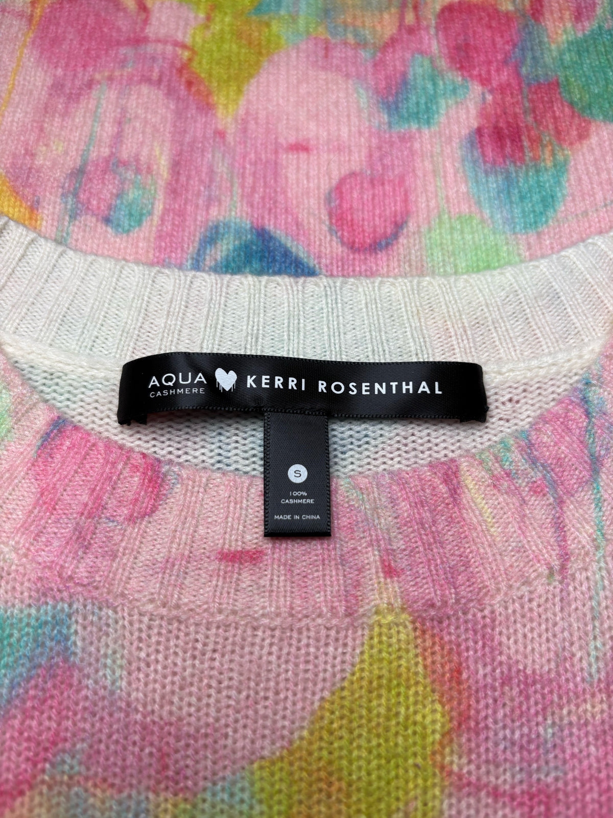 Women's Size S Aqua x Kerri Rosenthal Pastel Multi-Color Watercolor Pure Cashmere Pre-Owned Sweater