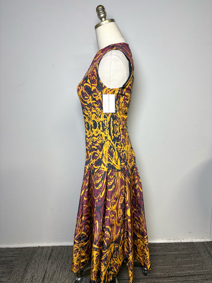 Women Size 4 Wes Gordon Gold, Burgundy, Black Print 100% Silk Pre-owned Dress