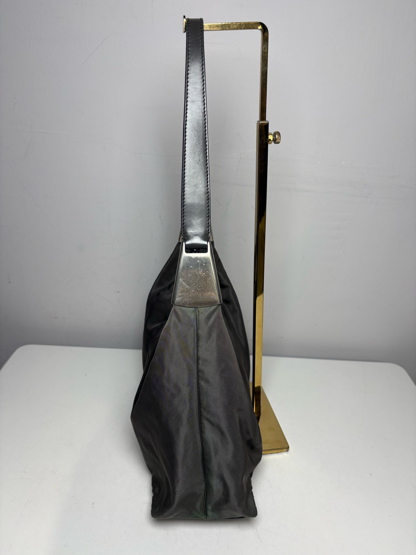 Women's Prada Tessuto Spazzolato Gray Nylon Leather Vintage Y2K Rare Pre-Owned Small Purse