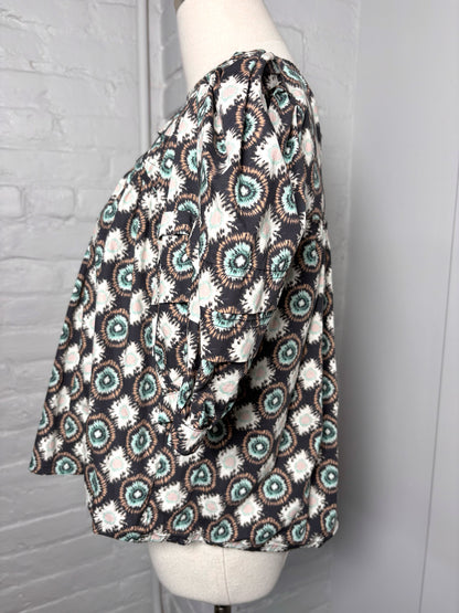 Women Size XS Hunter Bell Black, Mint Green, Peach Abstract Print Cotton Blouse