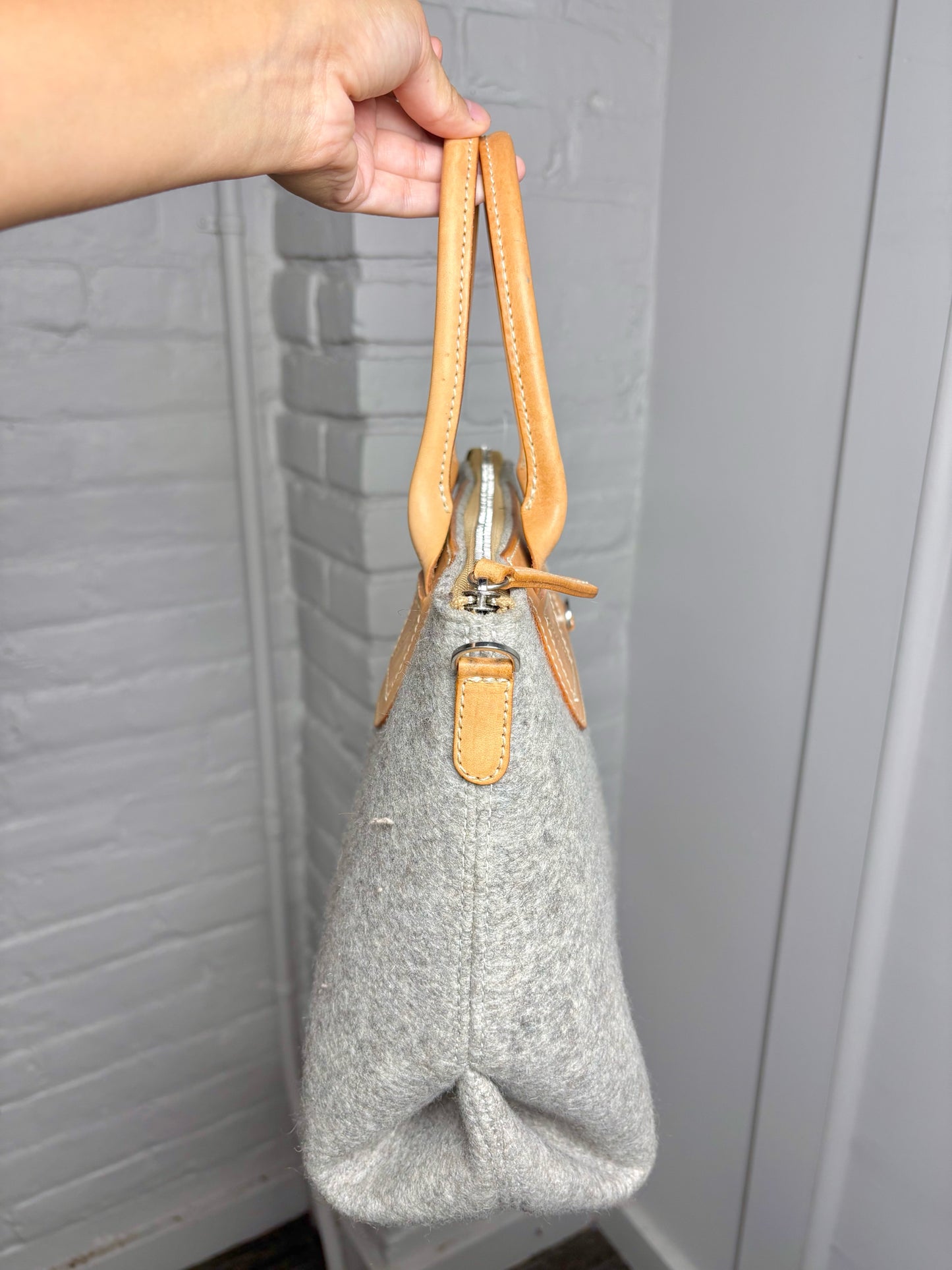 Graf Lantz Solid Wool Gray Leather Trim Crossbody Purse