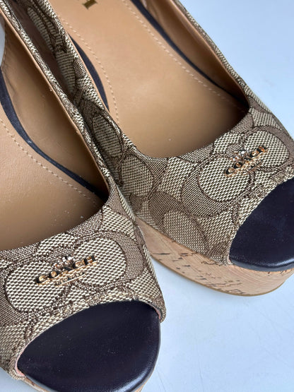 W Shoe Size 6.5 Coach Brown Canvas Cowhide Women's NWOT Wedges