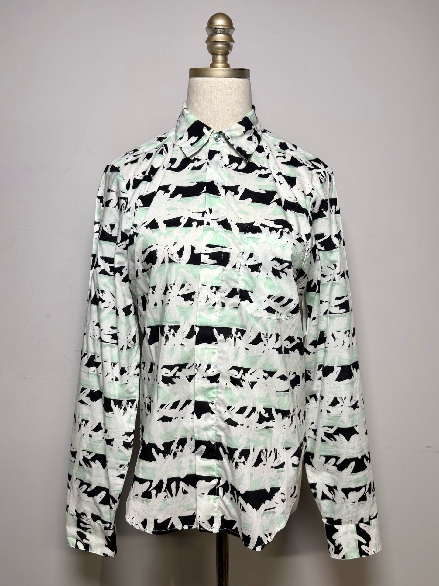 Women's Size 36 (XS) Kenzo White Black & Mint Green Geometric Print Cotton Pre-Owned Shirt