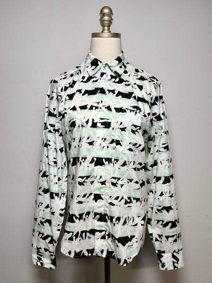 Women's Size 36 (XS) Kenzo White Black & Mint Green Geometric Print Cotton Pre-Owned Shirt