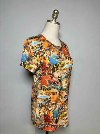 Women Size M L'AGENCE Ressi Orange, Yellow Multi-Print NWT Pre-Owned Short Sleeve Shirt