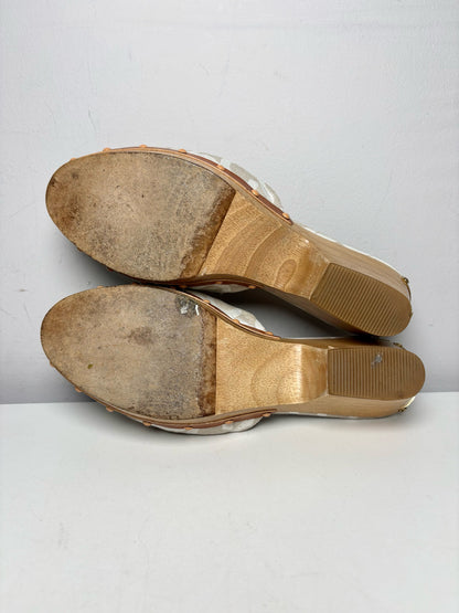 Women's Shoe Size 8.5 Coach Cream & Caramel Monogram Jacquard Wooden Heel Pre-Owned Slides
