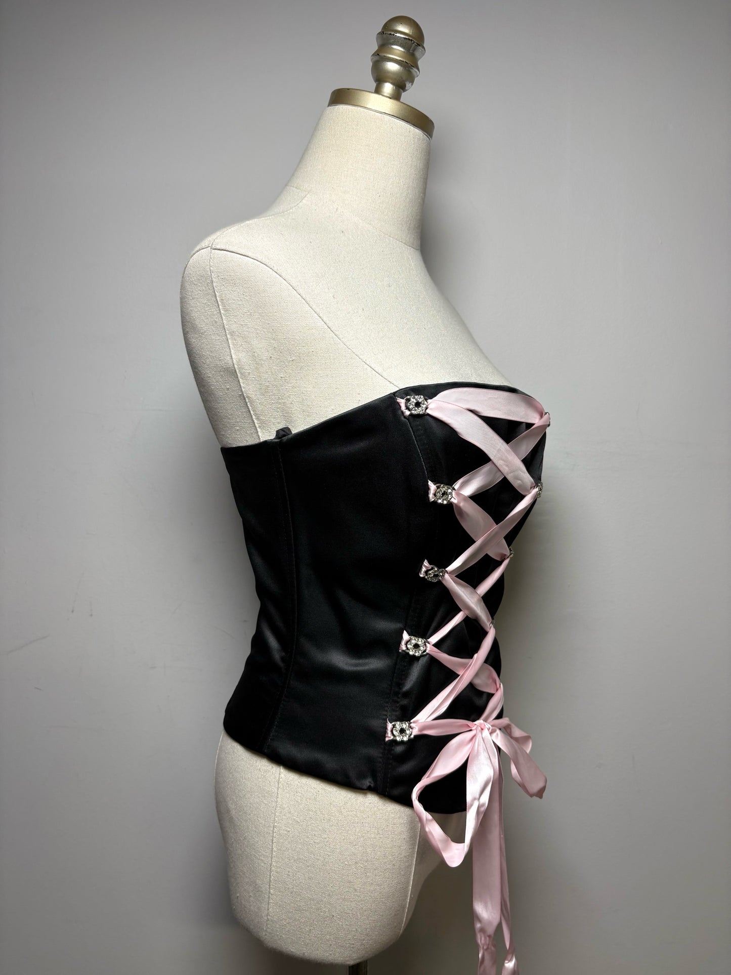 Women's Size XS Dollar Black Shiny Crystal Corset Lace Pink Ribbon NWT Pre-Owned Shirt