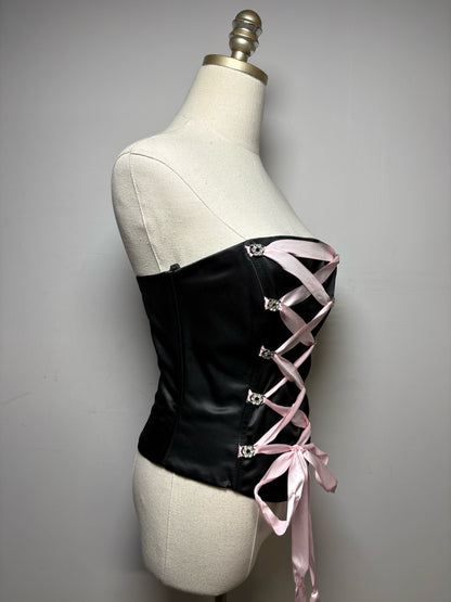 Women's Size XS Dollar Black Shiny Crystal Corset Lace Pink Ribbon NWT Pre-Owned Shirt