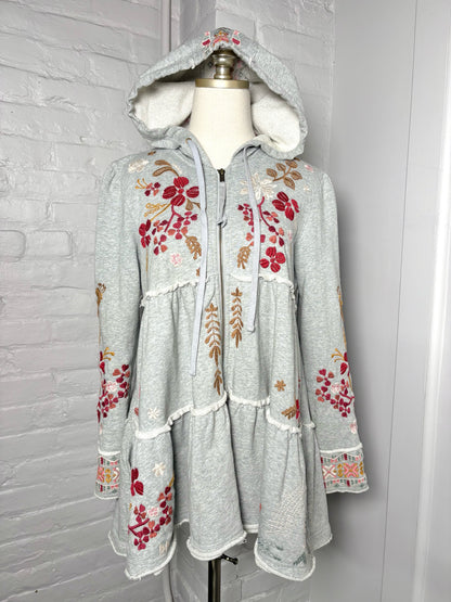 Women Size S Johnny Was Gray Embroidered Cotton Zip Front Hood Jacket