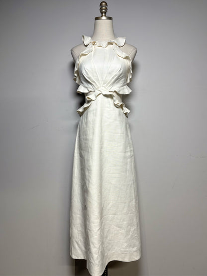 Women Size 0 Zimmermann Ivory Pure Linen Pre-Owned Lovestruck Cutout Halterneck Midi Dress