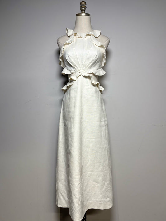 Women Size 0 Zimmermann Ivory Pure Linen Pre-Owned Lovestruck Cutout Halterneck Midi Dress