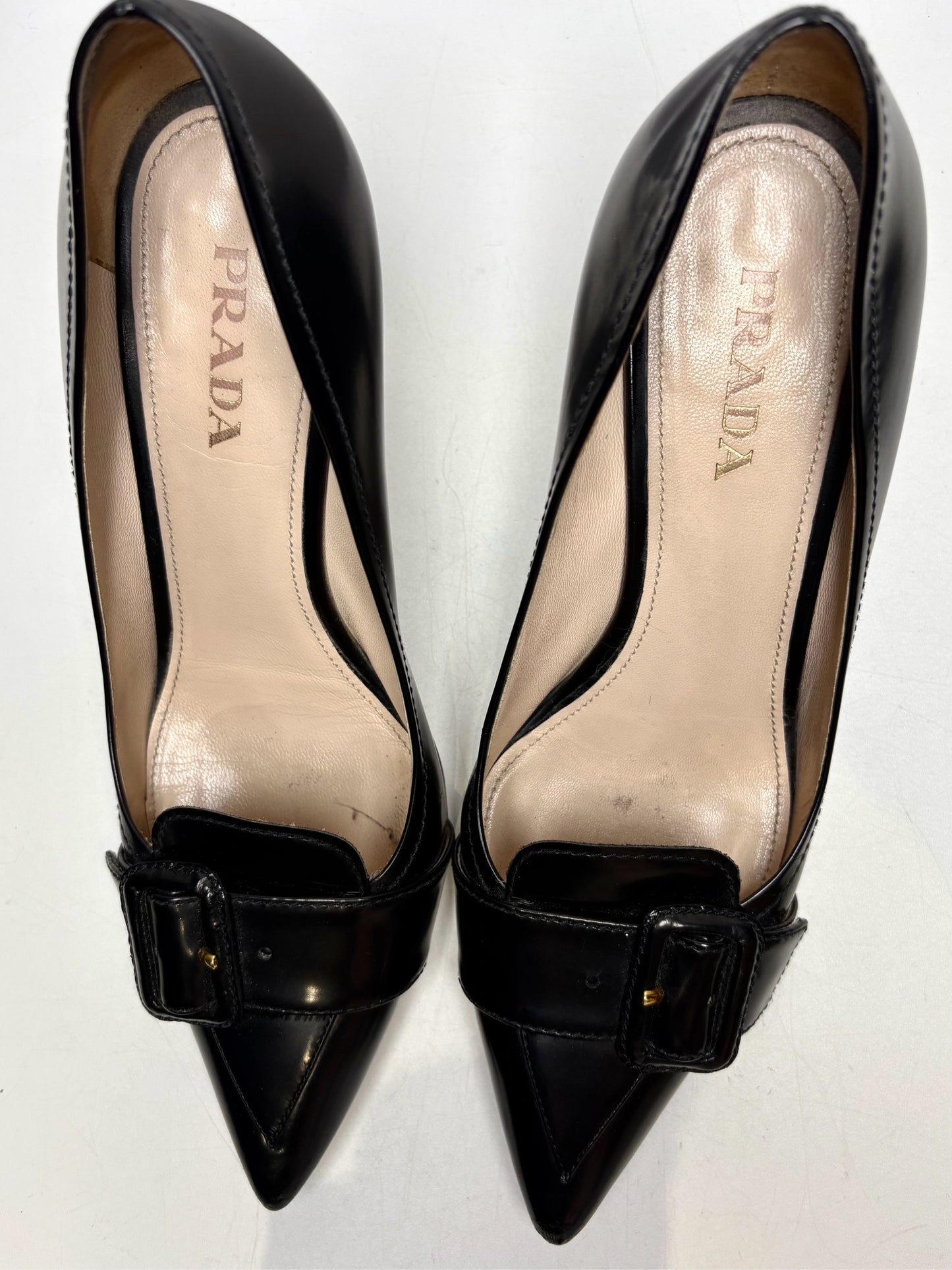 W Shoe Size 38.5 Prada Black Leather Genuine Leather Women's Vintage Heels