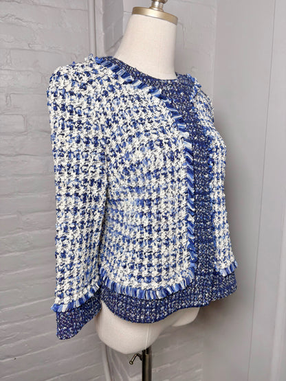 Women Size 6 St. John Blue, White Boucle Cropped Fringe Trim Blazer