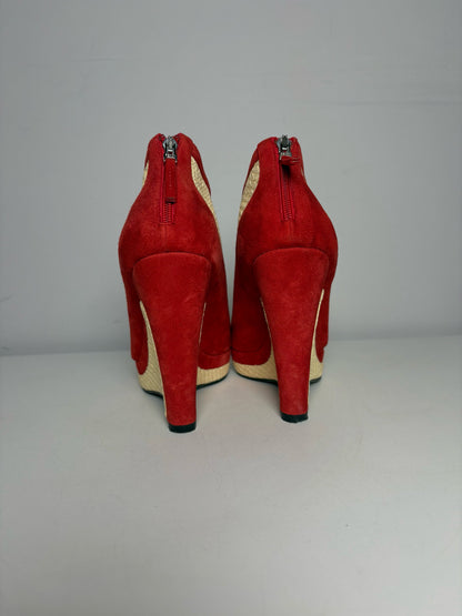 W Shoe Size 36.5 Fendi Red, Natural Leather, Rattan Suede Pre-owned Wedge Heels