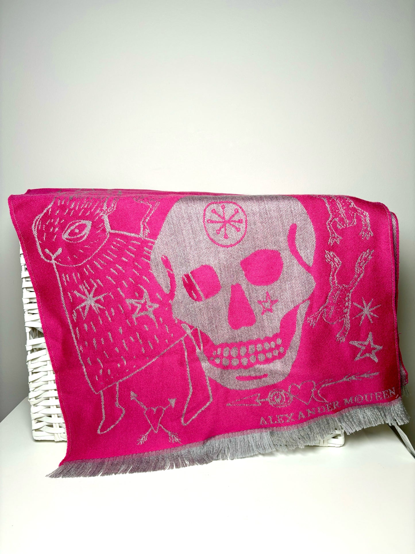 Alexander McQueen Pink Skullhead Scarf Fringe Trim