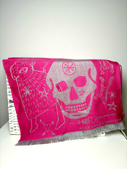 Alexander McQueen Pink Skullhead Scarf Fringe Trim