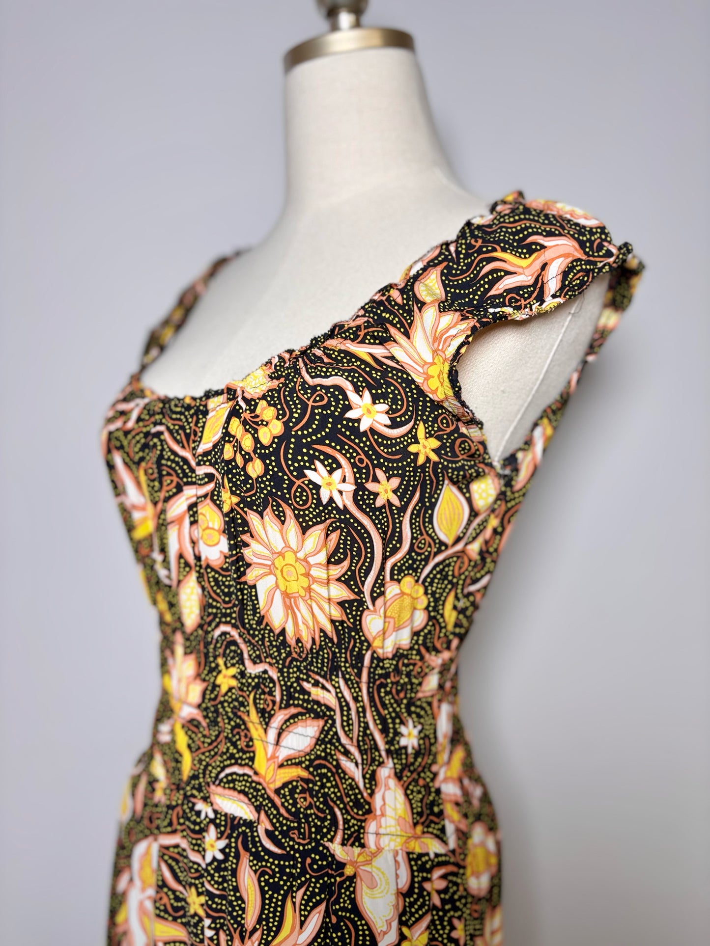 Women Size 2 The Kooples Black, Salmon, Yellow, Green Floral Print Dress