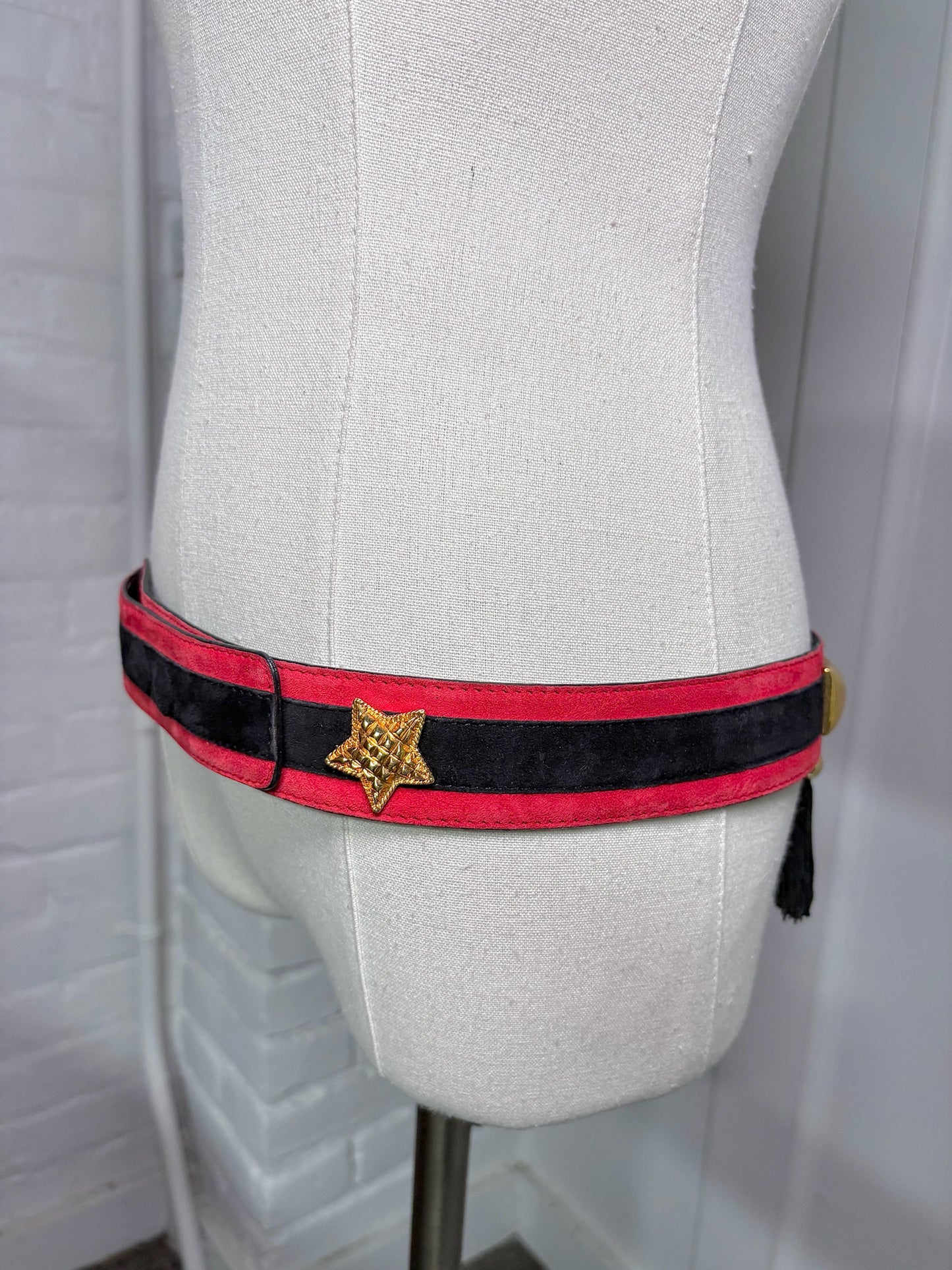 Escada Suede 42 (M, US) Vintage Navy Blue, Red w/Stars Hearts Studs Belt