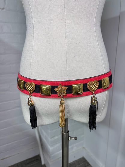 Escada Suede 42 (M, US) Vintage Navy Blue, Red w/Stars Hearts Studs Belt