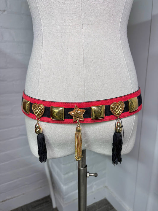Escada Suede 42 (M, US) Vintage Navy Blue, Red w/Stars Hearts Studs Belt