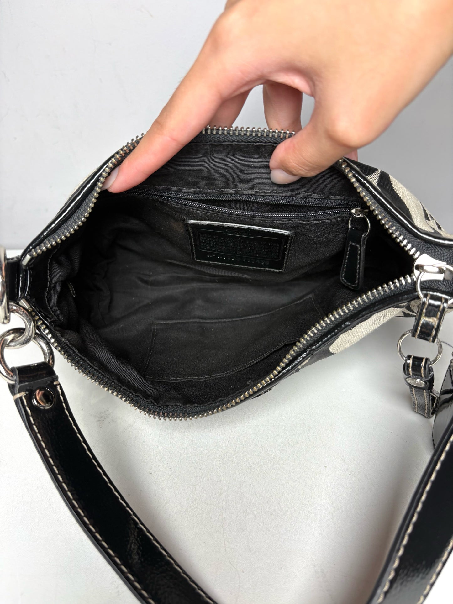 Women's Coach Black & Grey Signature Canvas Y2K Vintage Pre-Owned Half Moon Shoulder Bag