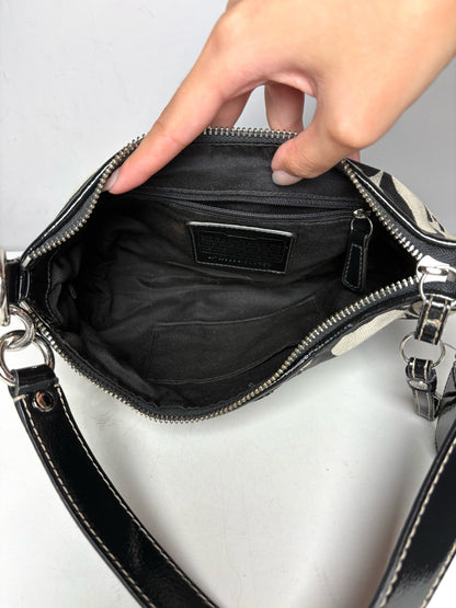Women's Coach Black & Grey Signature Canvas Y2K Vintage Pre-Owned Half Moon Shoulder Bag