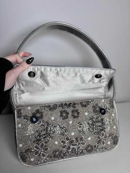 Staud Tommy Floral Beads Pre-owned Silver Leather Trim/Strap Trim Shoulder Bag