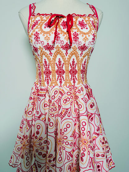 Women Size L Charo Ruiz Ibiza Pink, orange, white Eyelet Cotton Mini Dress