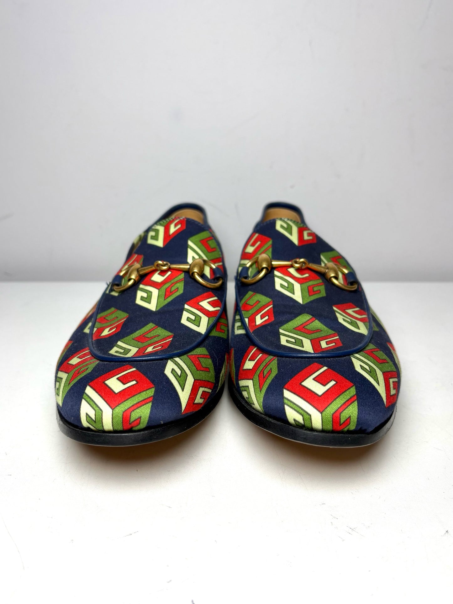 Gucci Brixton GG Blue Satin Print Shoe Sz 8 Men's Loafers NWT Pre-owned