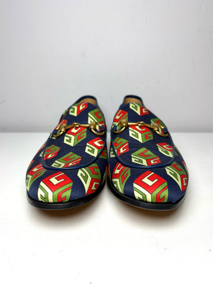 Gucci Brixton GG Blue Satin Print Shoe Sz 8 Men's Loafers NWT Pre-owned