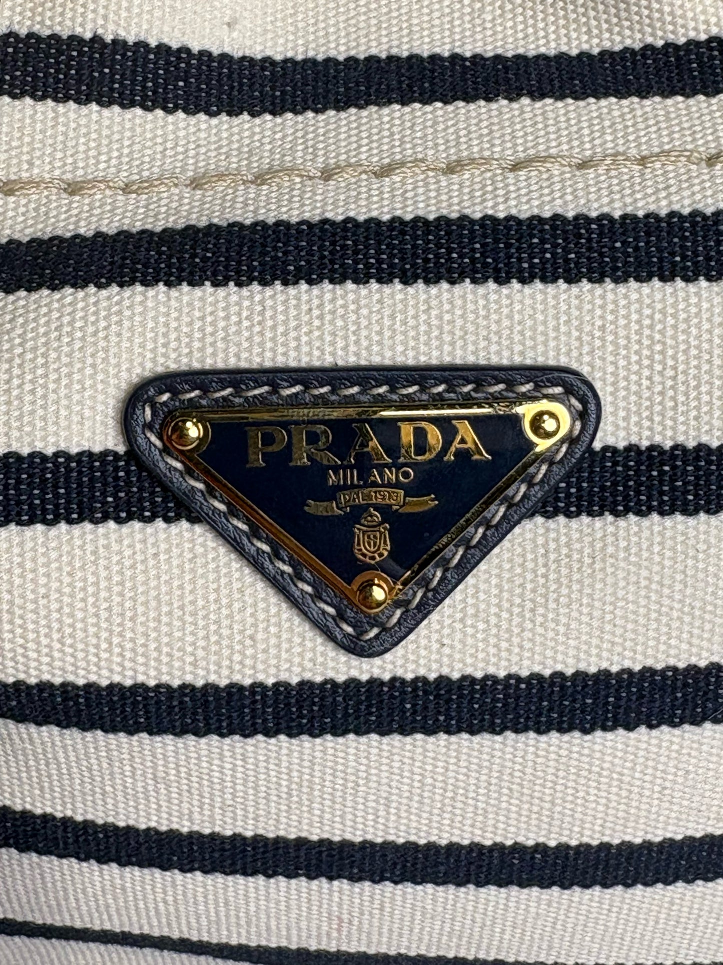 Prada Mariner Canvas Medium Bucket Bag Stripe Cream Pre-owned Purse