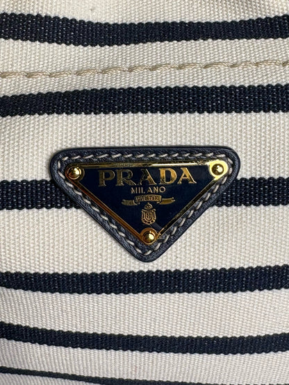 Prada Mariner Canvas Medium Bucket Bag Stripe Cream Pre-owned Purse