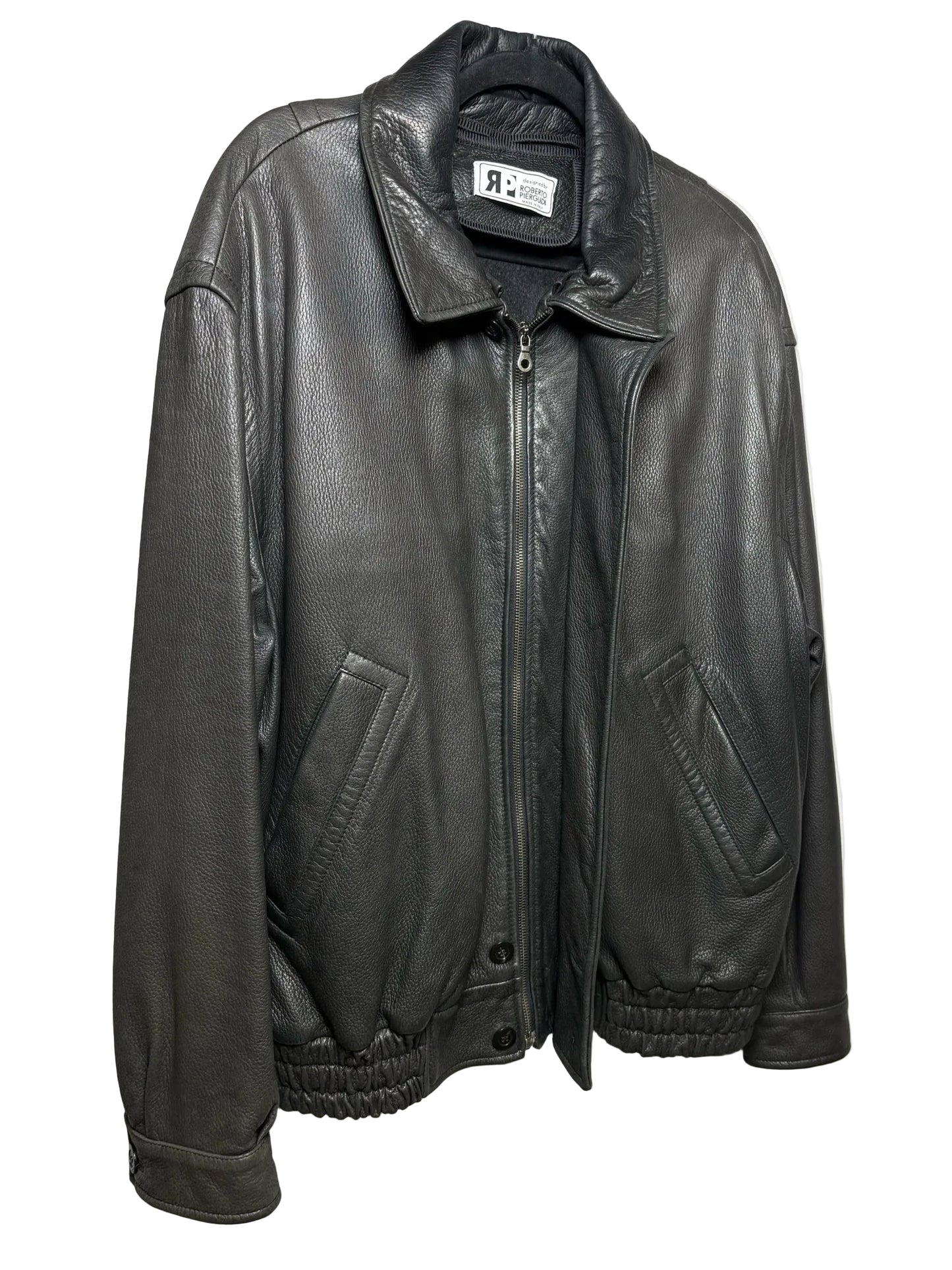 Men Size 54 IT (US 44 / XL Est.) Roberto Pierguidi Black Pebble Leather Vintage Rare Pre-Owned Bomber Jacket