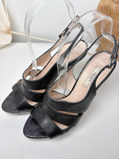 W Shoe Size 36.5 (6.5) Prada Black Leather Cage Heels