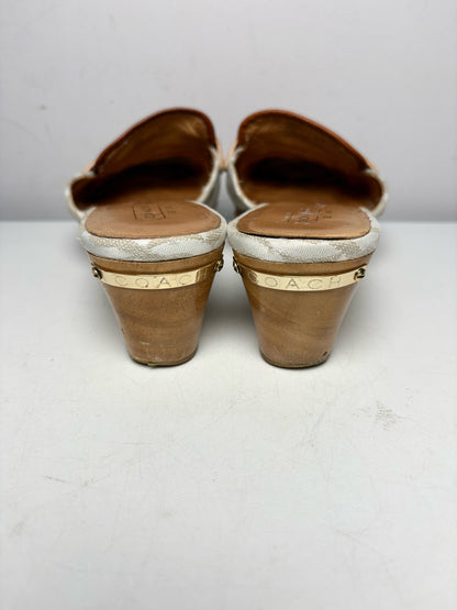 Women's Shoe Size 8.5 Coach Cream & Caramel Monogram Jacquard Wooden Heel Pre-Owned Slides