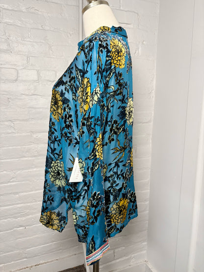 Women Size 2 Johnny Was Teal Floral Print Rayon, Silk NWT Shirt