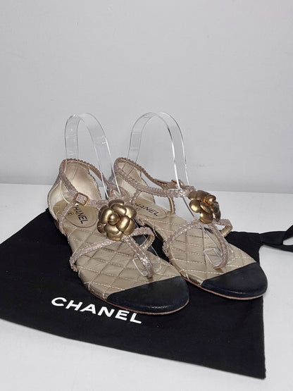 W Shoe Size 39 (8.5 - 9 US) Chanel Gold, Black Leather Vintage Sandals | Pre-owned