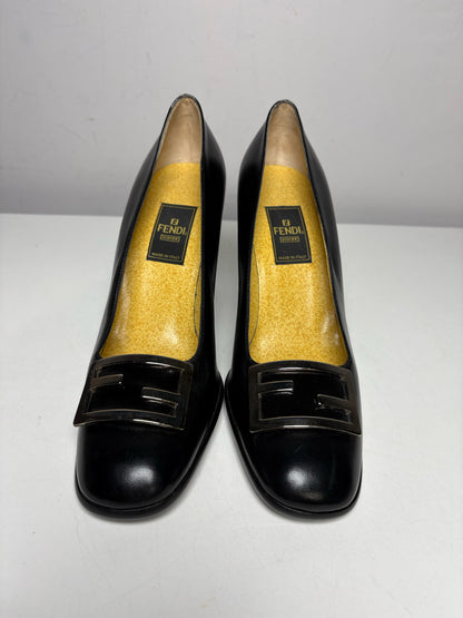 Women's Shoe Size 7.5 Fendi Black Leather Vintage Authentic Pre-Owned Heels