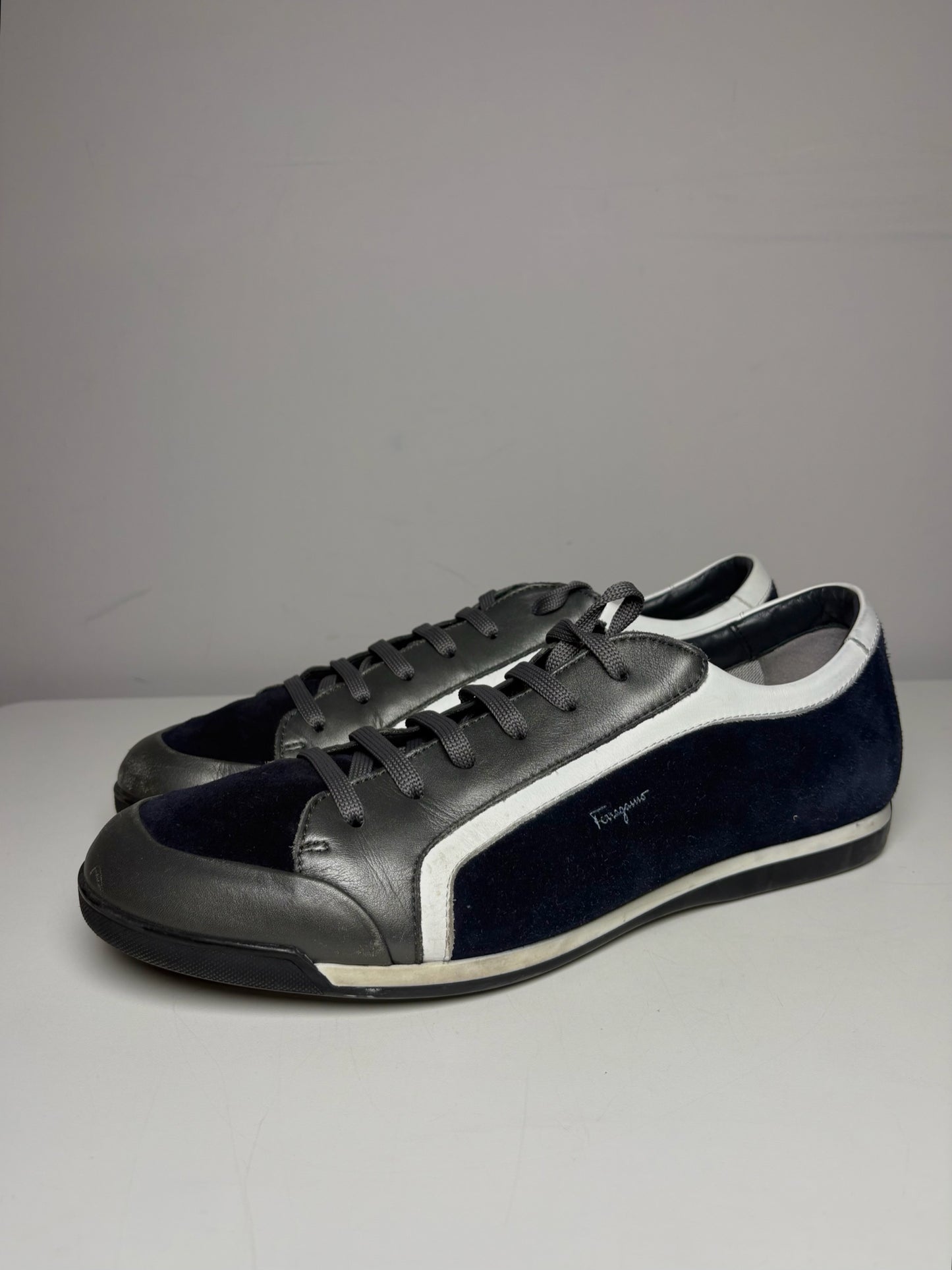 Salvatore Ferragamo Blue, Gray, White Cowhide Leather, Suede Leather Sneakers