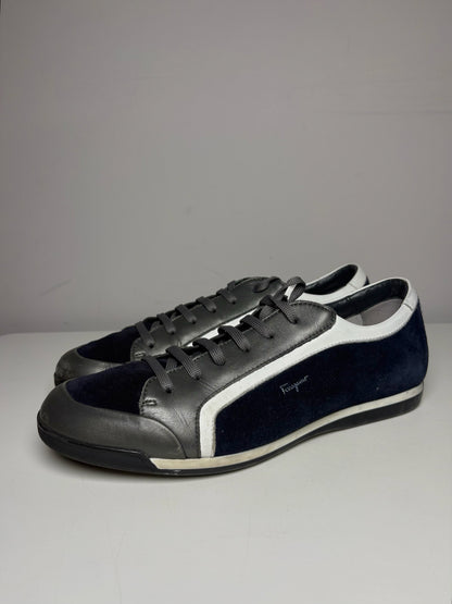 Salvatore Ferragamo Blue, Gray, White Cowhide Leather, Suede Leather Sneakers
